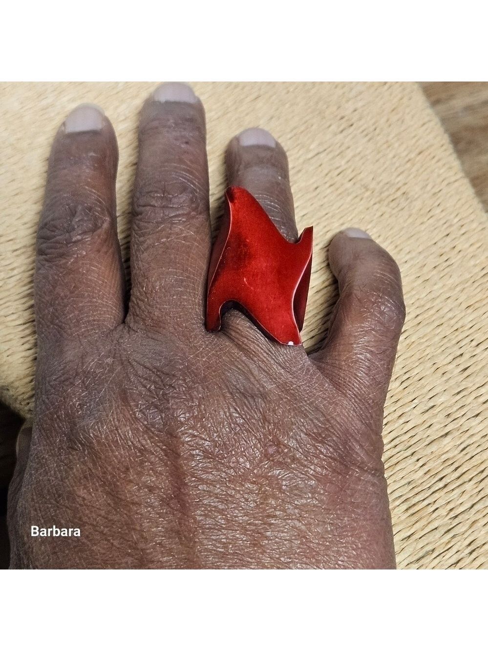 Vintage 80s Red Asymmetrical Abstract Sandalwood Ring, Size 7